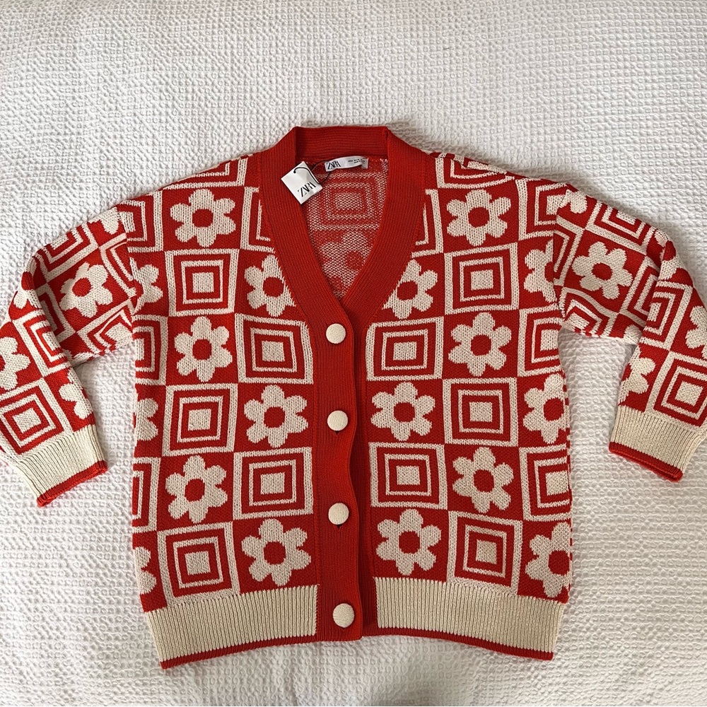 Zara jacquard vintage retro floral orange sweater cardigan
